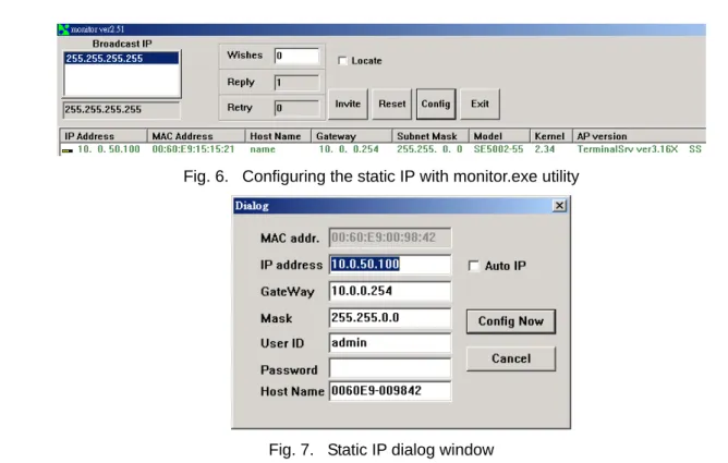 Fig. 6.  Configuring the static IP with monitor.exe utility 