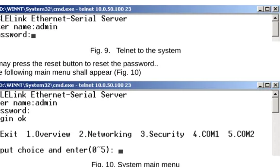 Fig. 9.  Telnet to the system  Note: One may press the reset button to reset the password.