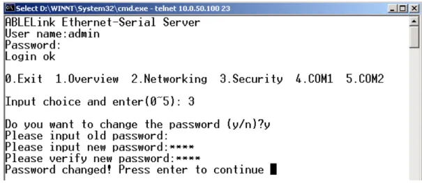 Fig. 13. changing password using Telnet 