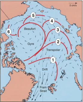 Figure F3. Generalized schematic of sea ice transport in the Arctic Ocean. Red contours denote average yearsof residence time before sea ice export through the Fram Strait