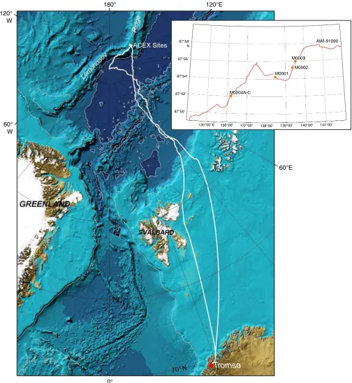 Figure F1. Map of the Arctic Ocean showing the location of the Expedition 302 study area on the LomonosovRidge