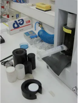 Figure F8. Photograph of high-pressure squeezers used during Expedition 302. Foreground: dismantled intoindividual components; background: collection of interstitial water.