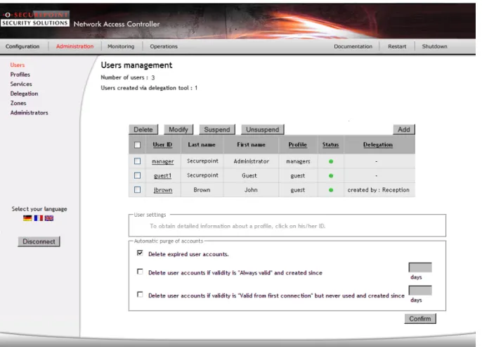 Figure 19: Administering user accounts  The user-accounts table summarizes all the accounts created