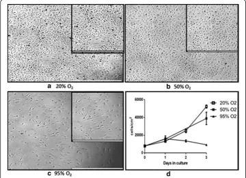 Fig. 1 Effects of hyperoxia on cell proliferation. Pictures representing the status hMVEC after72 h ofexposure to 20% O2 (control) a, 50% O2 b, and 95% O2 c