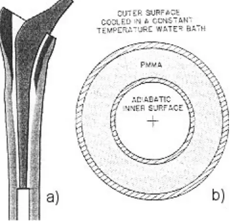 Figure 3-27 - Geometry used in finite element models of cement polymerisation adopted by (a) Starke et al