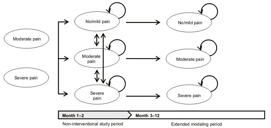 Figure 1 Framework of the Markov model used for analysis. Pain severity categories were determined based on a numerical rating scale (NRS) score for pain severity(range: 0 to 10)