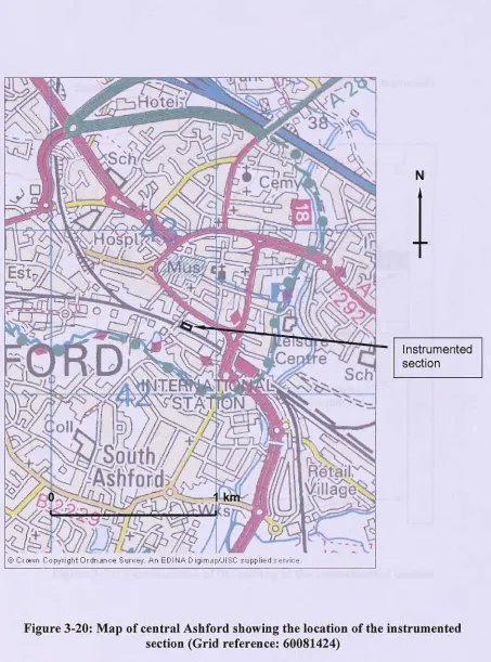 Figure 3-20: Map of central Ashford showing the location of the instrumented section (Grid reference: 60081424) 