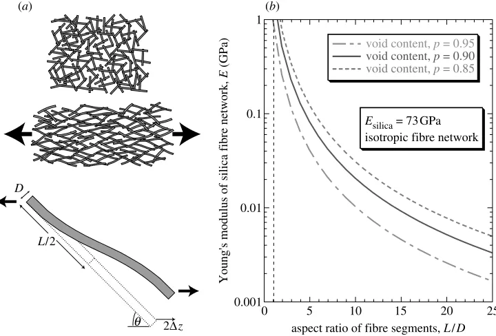 Figure 9. Stiffness predictions for shuttle tile material from a simple beam bending model (Markaki& Clyne 2005), assuming an isotropic ﬁbre orientation distribution: (a) geometry of model; and (b)predicted dependence of Young’s modulus on ﬁbre segment aspect ratio.