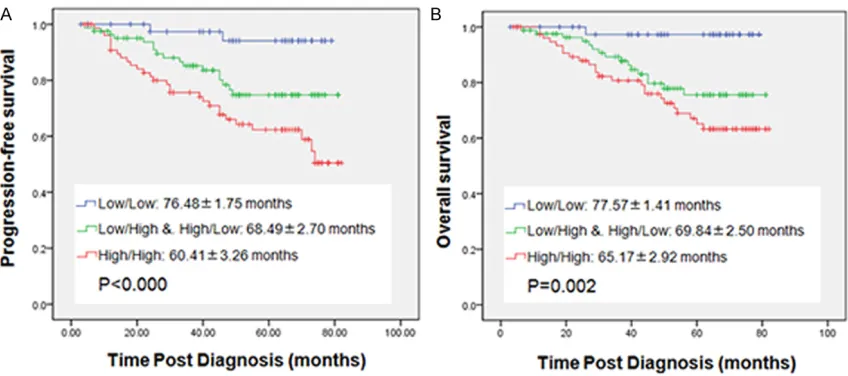 Figure 4. Kaplan-Meier plots with log rank test of progression-free survival (PFS) and overall survival (OS)