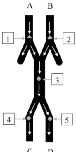 Figure 6: Hypothetical traffic network for Example 2 with starting points A and B and destinations C and D