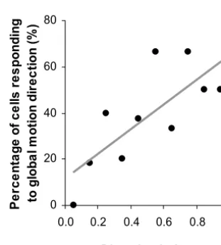 Fig. 6. Directional responses to the preferred and the least preferredglobal direction of the bar movement as a function of time for cells3–20 (A), cells 1–4 (B) and the population of 25 V1 neurons (C).