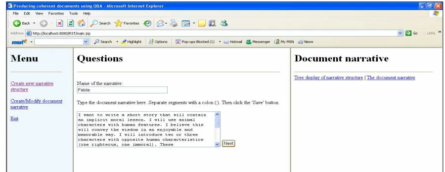Figure 5: Screen shot of single-author writing tool CANS (First step: Entering document narrative) 