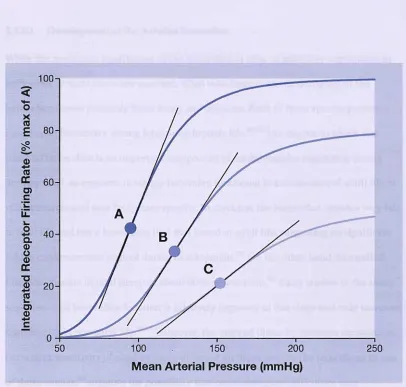 Figure 6, Effect hypothetical cases with differing baroreceptor sensitivity. Circular markers A, B & C repof varying arterial pressure on carotid sinus baroreceptor firing rates in three resent 