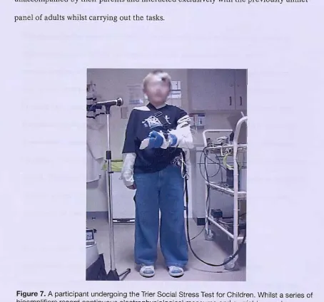 Figure 7. A participant undergoing the Trier Social Stress Test for Children. Whilst a series of bioamplifiers record continuous electro physiological measures and a wrist tonometer 