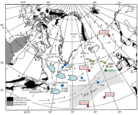 Figure F2. Modern circulation in the North Atlantic, Expedition 303 (blue) and 306 (red) and Leg 162 (yellow)site locations, and distribution of rock types that are potential source areas of detrital carbonate