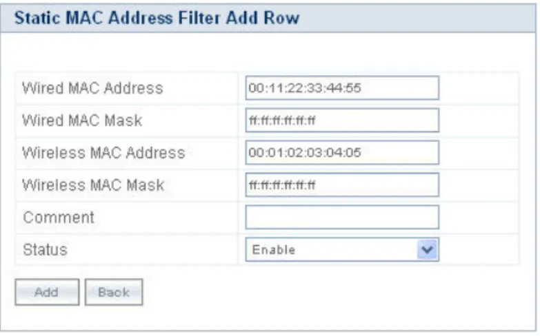 Figure 5-40 Static MAC Address Filter - Add Entries Configure the following parameters: