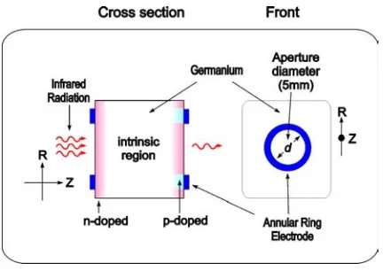 Figure 1 : axis omitted). Both cross section and front view of an optimised modulator design shown with associated cylindrical coordinate orientation (θ  