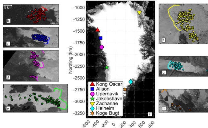 Figure 1. Location of Greenland icebergs included in this study.used in panels (a) The locations of the glaciers from which the icebergs calved overlainon the GIMP image mosaic