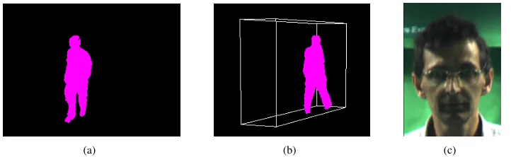 Fig. 5.Example data available from biometric tunnel (a) background subtraction (b) 3D reconstruction (c) facial capture
