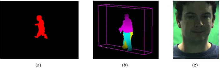 Fig. 4.Example data available from biometric tunnel (a) background subtraction (b) 3D reconstruction (c) facial capture