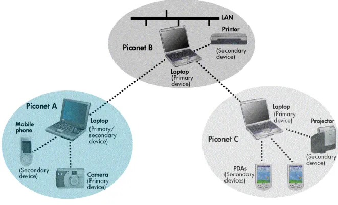 Figure 3. A scatternet is two or more piconets connected by a common device. 