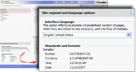 Figure 23: Choosing Site Language and Customizing Settings for Display of Numbers,  Currencies, Time and Date 
