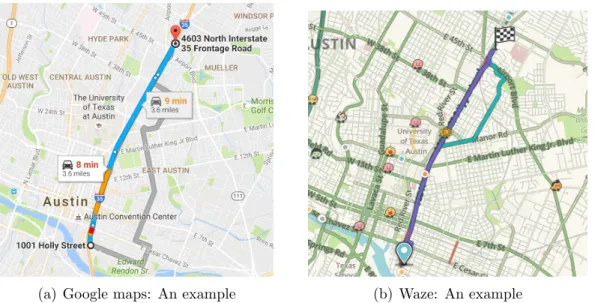 Figure 2.2: Sample routes generated using Google Maps and Waze on Austin road network.