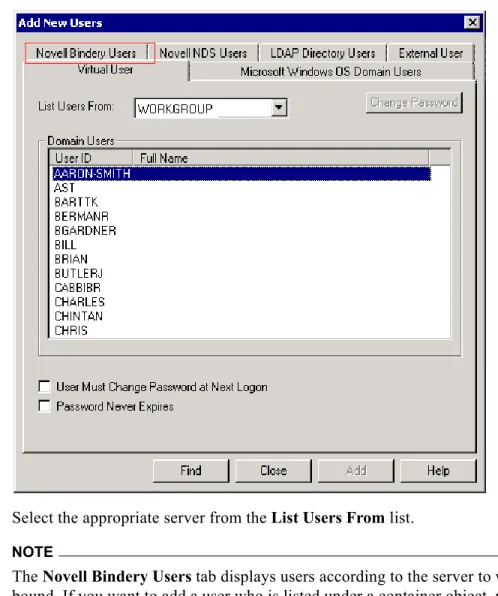 Figure 29 Add New Users dialog box, Novell Bindery Users tab