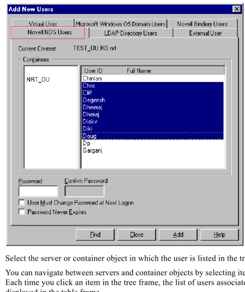 Figure 30 Add New Users dialog box, Novell NDS Users tab