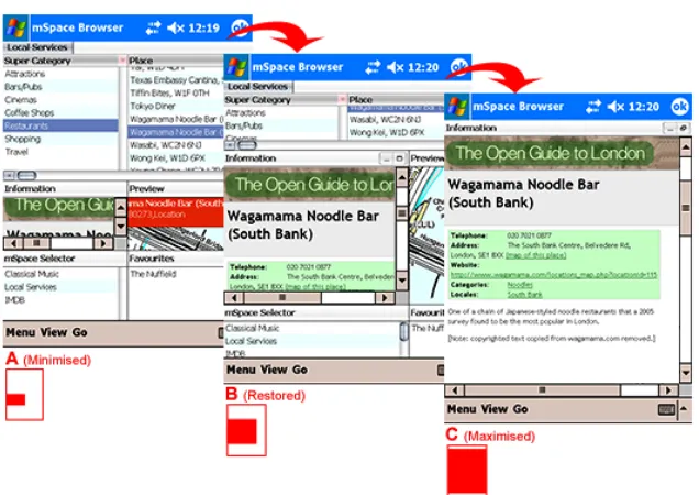FIGURE 2: mSpace Mobile ZedPanes: A shows the default equal zoom level; B shows the info box expanded to the take up more of the screen but with other areas of the screen still visible; C shows the info box pane expanded to full screen