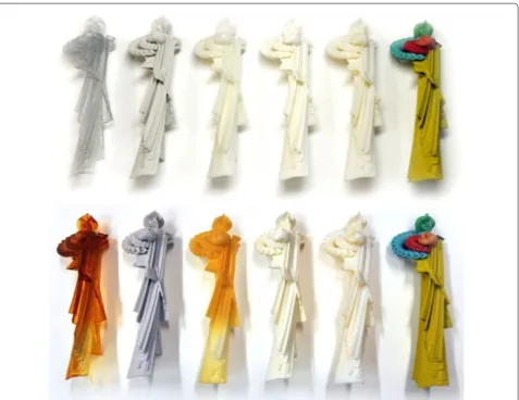 Fig. 1 Images of the RP artwork “Out of the Cauldron” designed by Tom Lomax produced with the most common RP Technologies: (1) stereolithog-raphy (SLA®) (2) polyjet (3) 3D printing (3DP) (4) selective laser sintering (SLS)