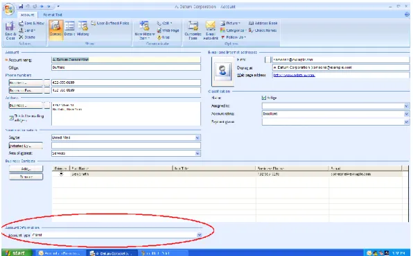 Figure 6. The Account Information Group and Account Type field in the lower left corner is  a custom entity that is created when the ExportFile.bcm included in the Action Pack is  imported