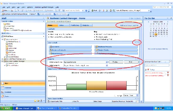 Figure 8. The customizable dashboard in Outlook 2007 with Business Contact Manager 