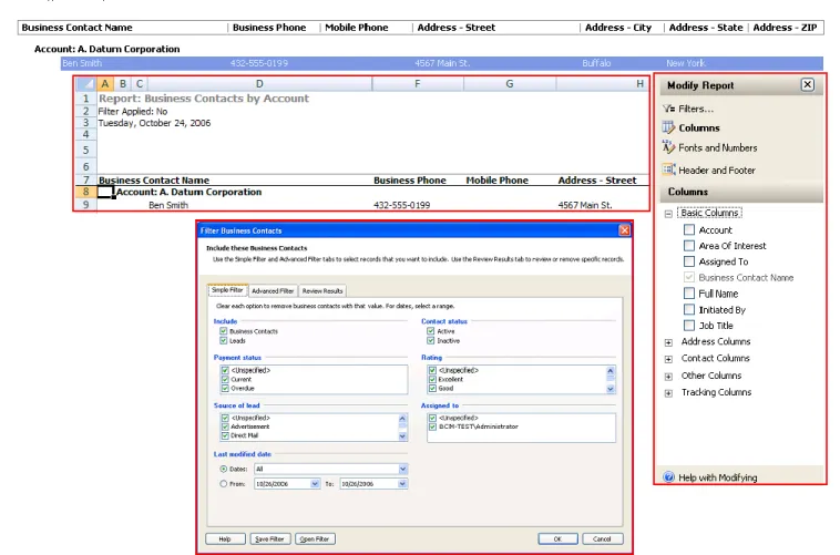 Figure 9. Viewing and modifying a report in Office Outlook 2007 with Business Contact Manager, and  exporting to Office Excel 2007 