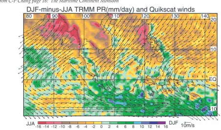 Fig. 1 Differences of TRMM Precipitation Radar data and QuikSCAT winds between boreal winter and boreal summer (DJF minus JJA)
