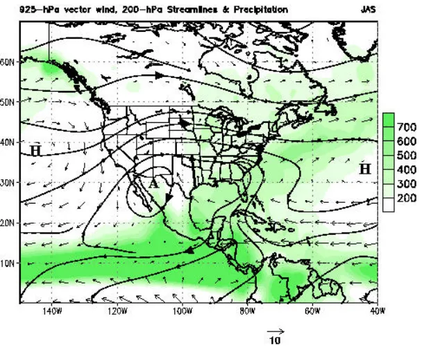 Figure 7.  Mean 925-hPa vector wind (units: m s-1), 200-hPa streamlines, and merged satelliteestimates and station observations of precipitation (shading) for July-September 1979-1995.Circulation data are taken from the NCEP/NCAR Reanalysis