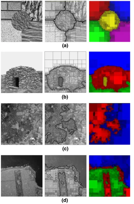 Fig. 2. Examples of texture images. (a) Synthetic imagecomposed of ﬁve grey level textures, (b) image containing greylevel natural textures, (c) infrared band of a satellite image and(d) intensity image.