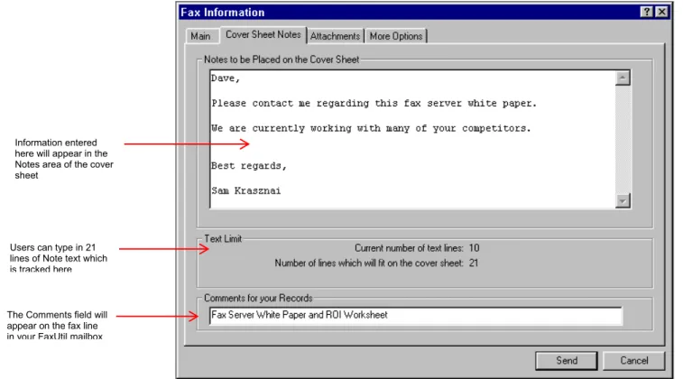 Figure 9: Fax Information Dialogue Box Cover Sheet Notes Tab 