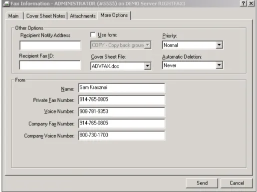 Figure 11:  Fax Information Dialogue Box More Options Tab