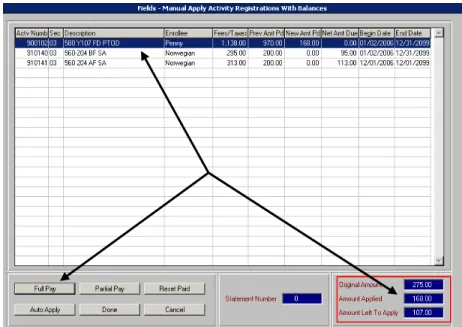 Figure 6:  The Manual Apply screen showing $168.00 being applied to a CDC  balance, leaving $107.00 left to apply toward another activity 