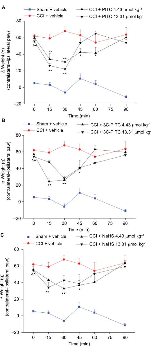 Figure 2 Effects of PITC, 3C-PITC, and NaHS on chronic constriction injury (CCI)-induced postural imbalance.Abbreviations:in two different experimental sets
