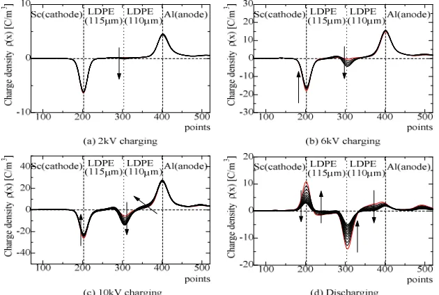 Figure 10  Space charge formations in Sc(-)-LDPE-Al(+) with different voltages. 