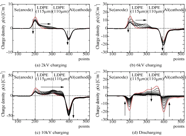 Figure 12  Space charge formations in Sc(-)-LDPE/LDPE-Al(+) with different voltages. 