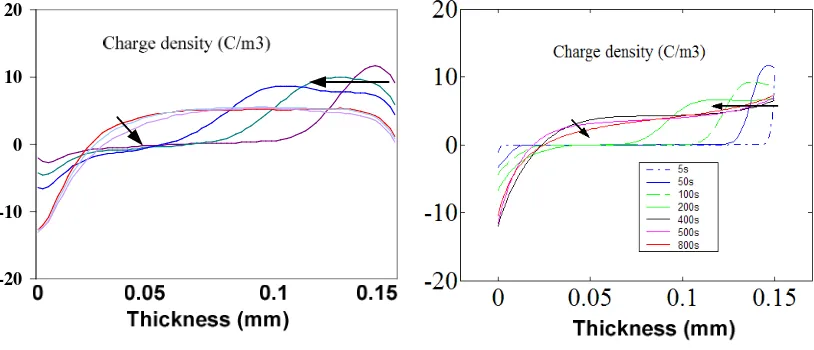 Figure 3 Space charge density profiles under an applied filed of 50 kV/mm. simulation (left) and experiment (right) 