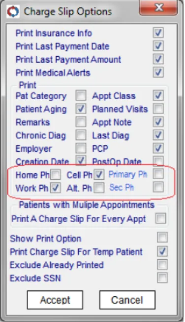Figure 1-7 Primary and Secondary Phone numbers in the Charge Slip Options window. 