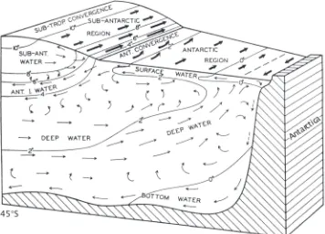 Figure 7. Schematic representation of the currents and water masses of the Antarctic regions and of the distribution of temperature (adapted from Sverdrup et alii, 1942).