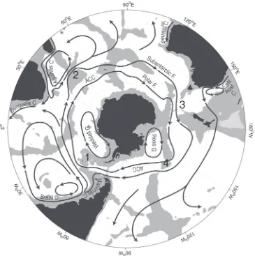 Figure 1. Schematic map of major currents in the southern hemisphere oceans south of 20° S