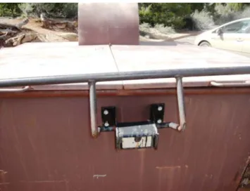 Figure 12:  Example of a trip wire  alarm controller supplied by Margo  Supplies Ltd.  Photo credit: Sowka  2013, p. 6‐3.  Figure 11:  This locking bar mechanism,  manufactured by Serious Industries, has been bolted on a conventional dumpster and shown her