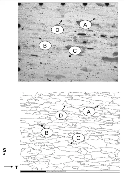 Fig. 4 Optical image (a) and EBSD analysis (grain boundary map) (b) of the Al-2.2Cu-0.94Mg-0.42Mn-1.6Li wt% alloy on ST section