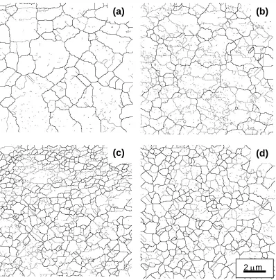 Fig. 3. Grain distributions in the Al-7034 alloy in (a) the as-received condition and after (b) 1, (c) 4 and (d) 8 passes of ECAP